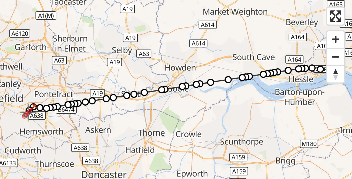 Flight route Air Ambulance Helicopter Hull Royal Infirmary - YAA Nostell Helicopter Port, 10 September 2026, 15:06
