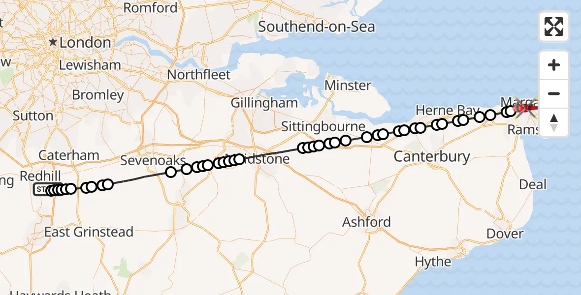 Flight route Air Ambulance Helicopter Redhill Aerodrome - Margate, 10 September 2026, 15:10