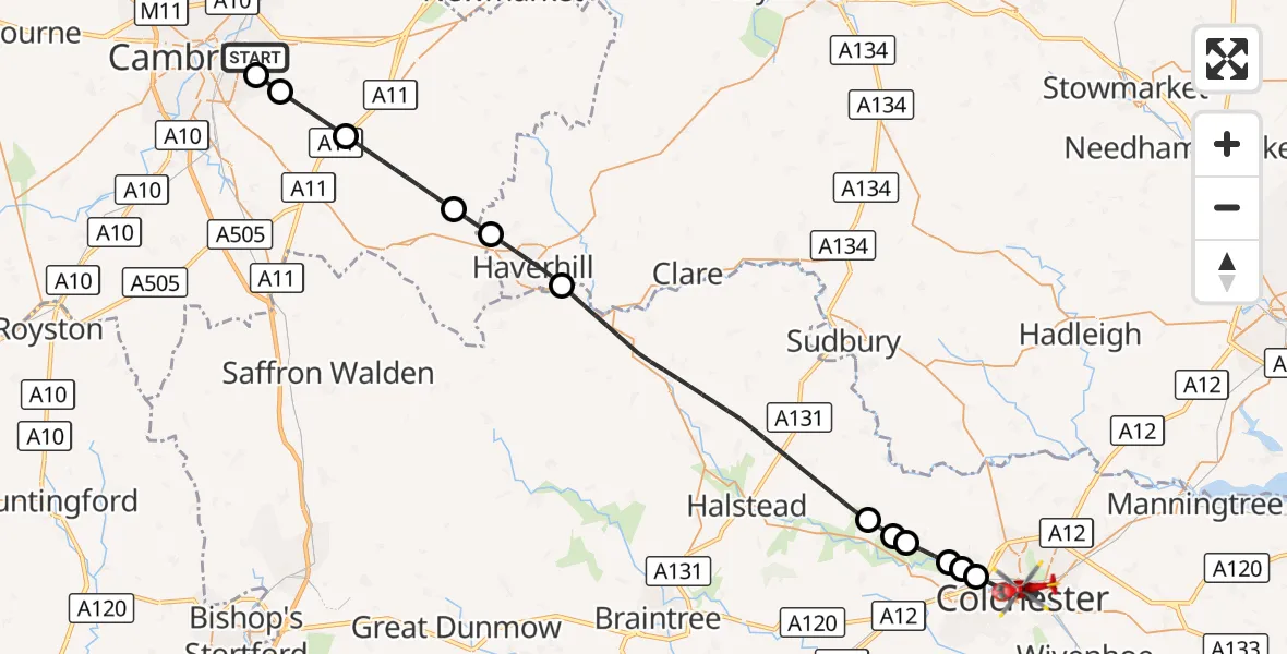 Flight route Air Ambulance Helicopter Cambridge City Airport - Colchester, 10 September 2026, 15:23
