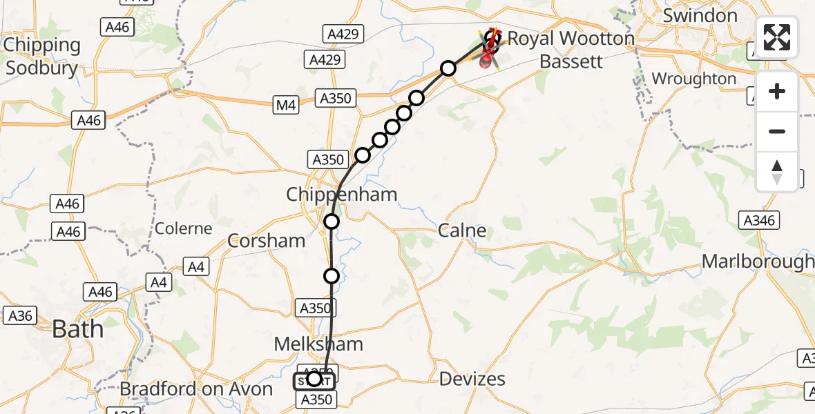 Flight route Air Ambulance Helicopter Wiltshire Air Ambulance - Dauntsey, 10 September 2026, 15:26