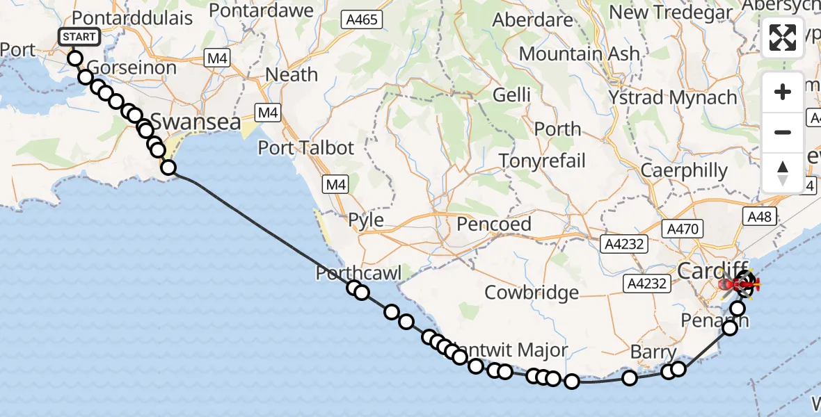 Flight route Air Ambulance Helicopter Dafen - Cardiff Heliport, 10 September 2026, 15:36
