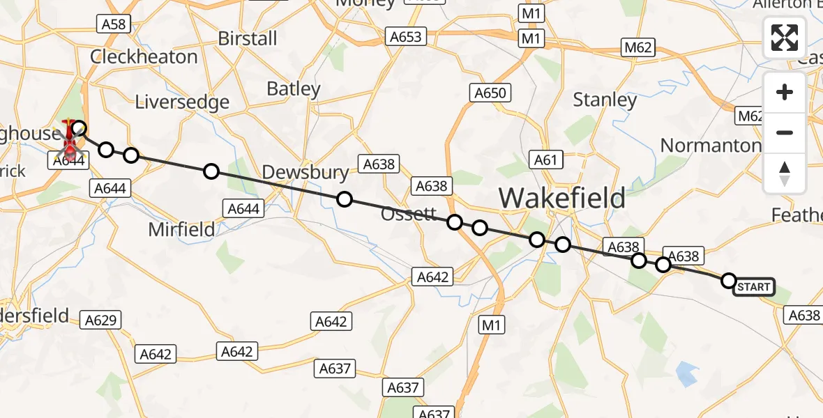 Flight route Air Ambulance Helicopter YAA Nostell Helicopter Port - Clifton, 10 September 2026, 15:46