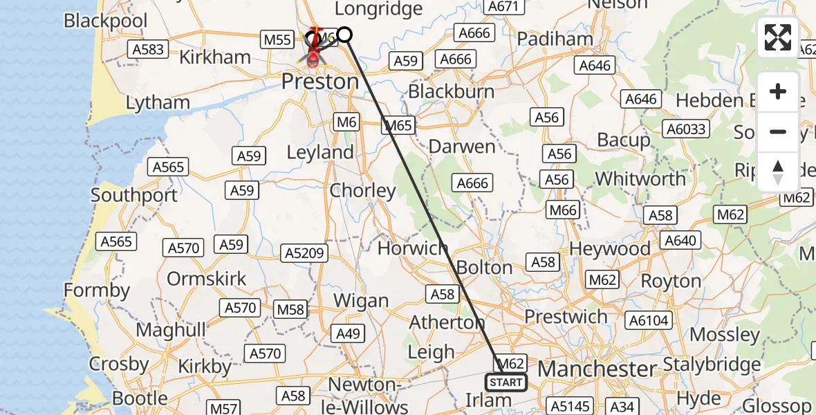 Flight route Air Ambulance Helicopter Manchester Barton Aerodrome - Preston, 10 September 2026, 15:49