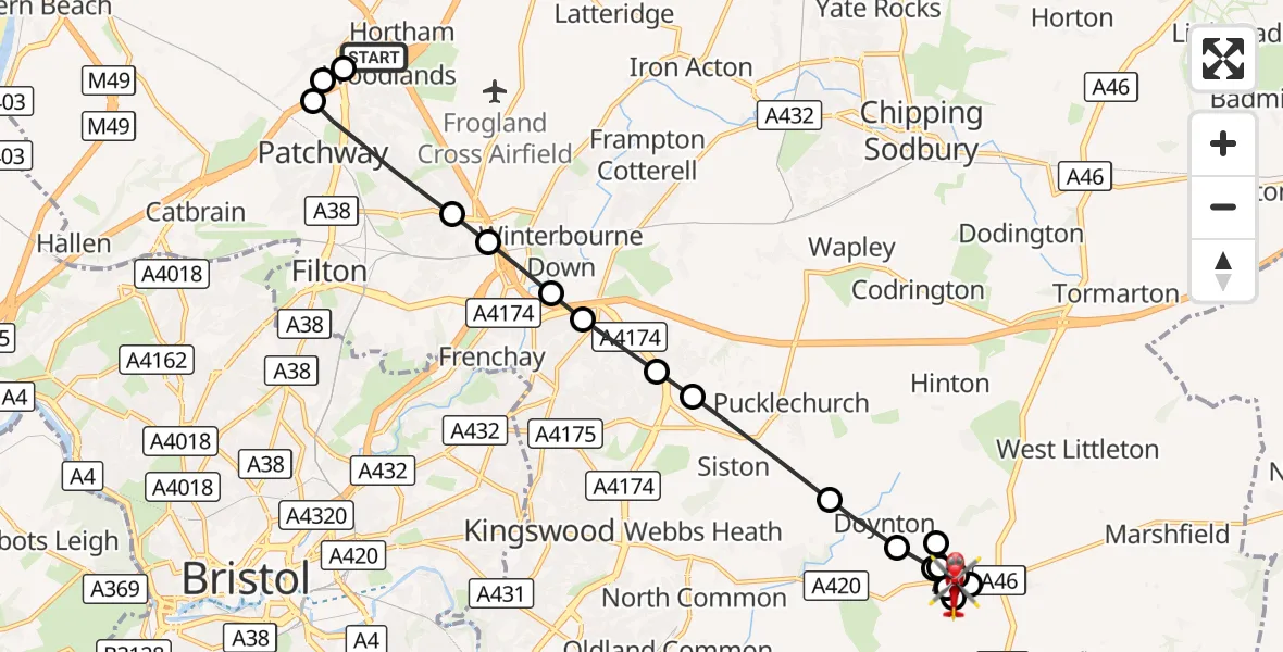 Flight route Air Ambulance Helicopter Almondsbury Helicopter Base - Doynton, 10 September 2026, 15:51