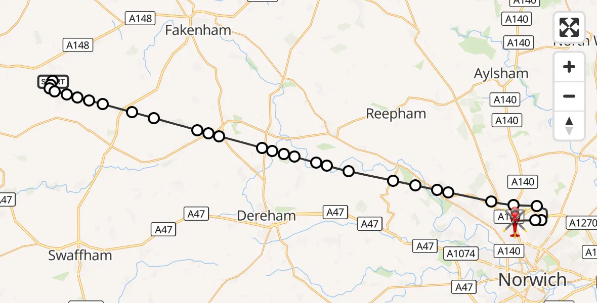 Flight route Air Ambulance Helicopter Harpley - Norwich Airport, 10 September 2026, 16:03