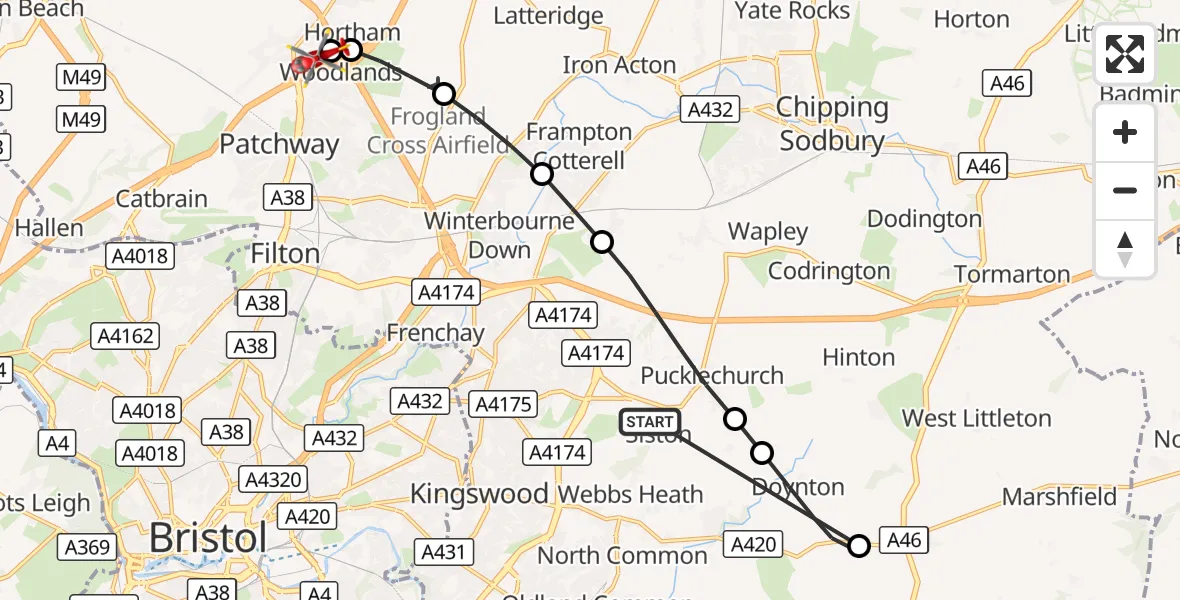 Flight route Air Ambulance Helicopter Siston - Almondsbury Helicopter Base, 10 September 2026, 16:27