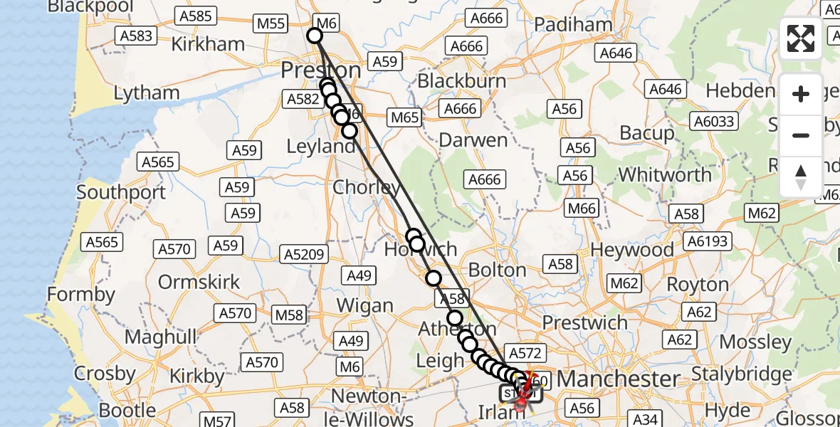 Flight route Air Ambulance Helicopter Manchester Barton Aerodrome - Irlam, 10 September 2026, 16:28