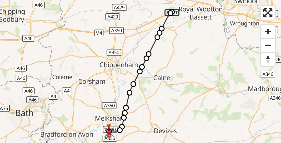 Flight route Air Ambulance Helicopter Brinkworth - Wiltshire Air Ambulance, 10 September 2026, 16:36