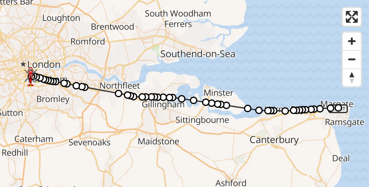 Flight route Air Ambulance Helicopter Queen Elizabeth The Queen Mother Hospital Heliport - Kings College London Hospital, 10 September 2026, 16:41