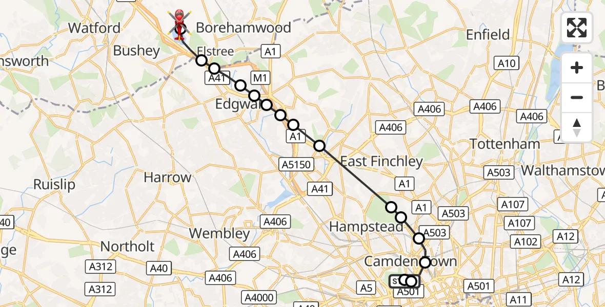 Flight route Air Ambulance Helicopter Fitzrovia - Elstree Airfield, 10 September 2026, 16:41