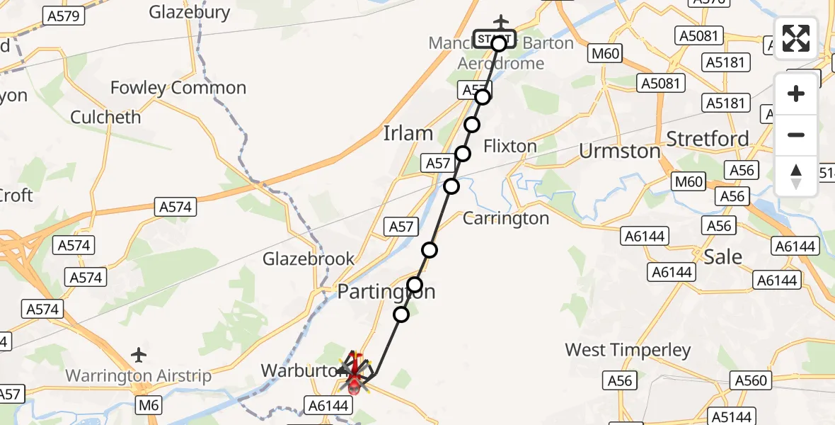 Flight route Air Ambulance Helicopter Manchester Barton Aerodrome - Warburton, 10 September 2026, 17:11