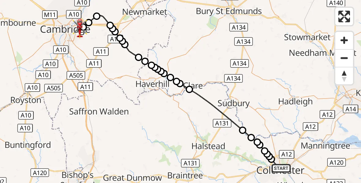 Flight route Air Ambulance Helicopter Colchester - Cambridge City Airport, 10 September 2026, 17:27