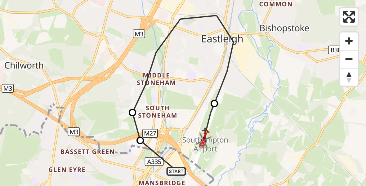 Flight route Air Ambulance Helicopter Southampton Airport - Southampton Airport, 10 September 2026, 17:43