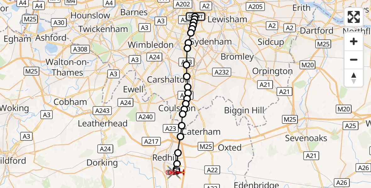 Flight route Air Ambulance Helicopter Kings College London Hospital - Redhill Aerodrome, 10 September 2026, 17:51