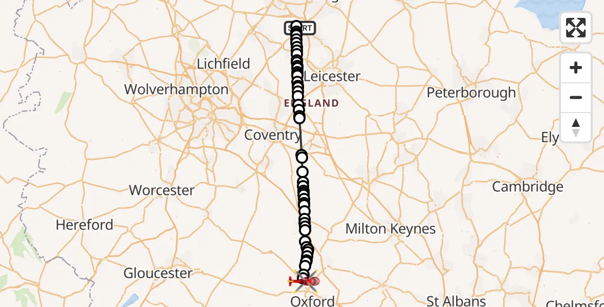 Flight route Air Ambulance Helicopter East Midlands Airport - London Oxford Airport, 10 September 2026, 18:29