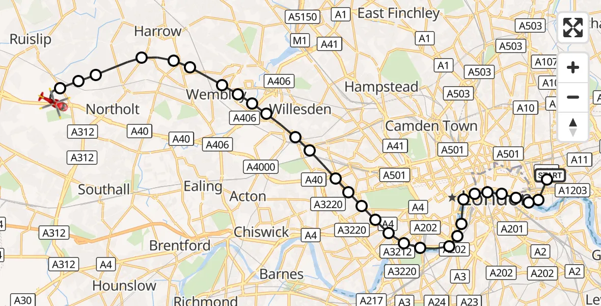 Flight route Air Ambulance Helicopter Royal London Hospital - RAF Northolt, 10 September 2026, 18:36