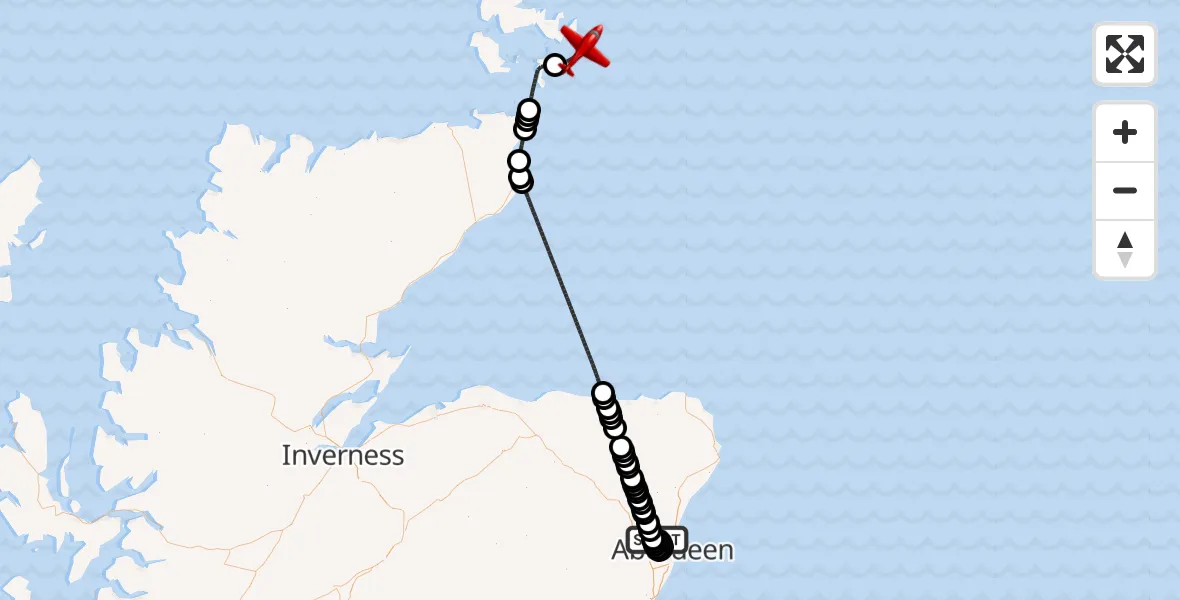 Flight route Air Ambulance Aircraft Aberdeen International Airport - North Sea, 10 September 2026, 18:58
