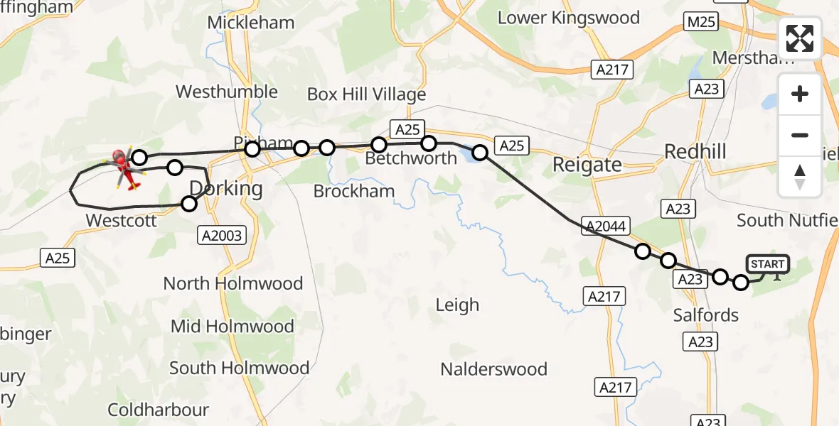 Flight route Air Ambulance Helicopter Redhill Aerodrome - Westcott, 10 September 2026, 19:04