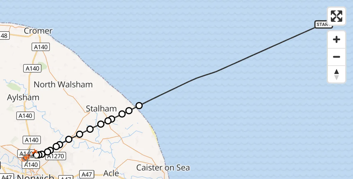 Flight route Coastguard Helicopter North Sea - Norwich Airport, 10 September 2026, 19:15