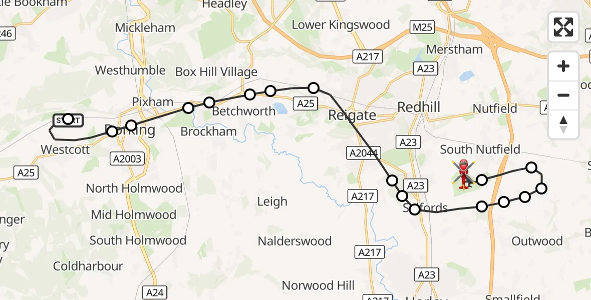 Flight route Air Ambulance Helicopter Mole Valley - Redhill Aerodrome, 10 September 2026, 19:26