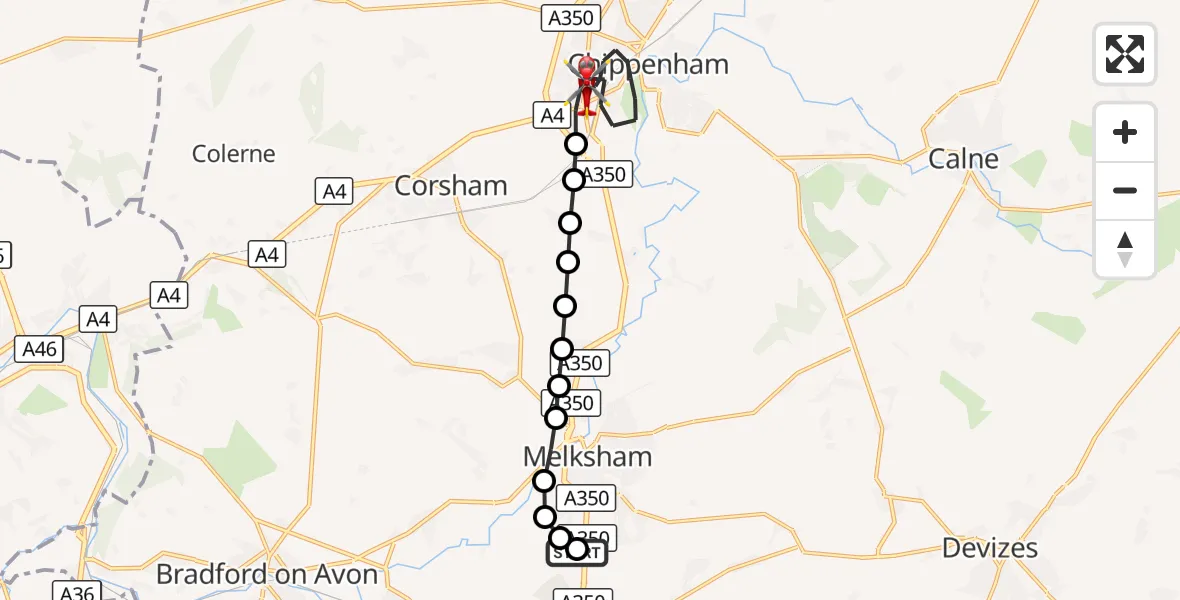 Flight route Air Ambulance Helicopter Wiltshire Air Ambulance - Chippenham, 10 September 2026, 19:35