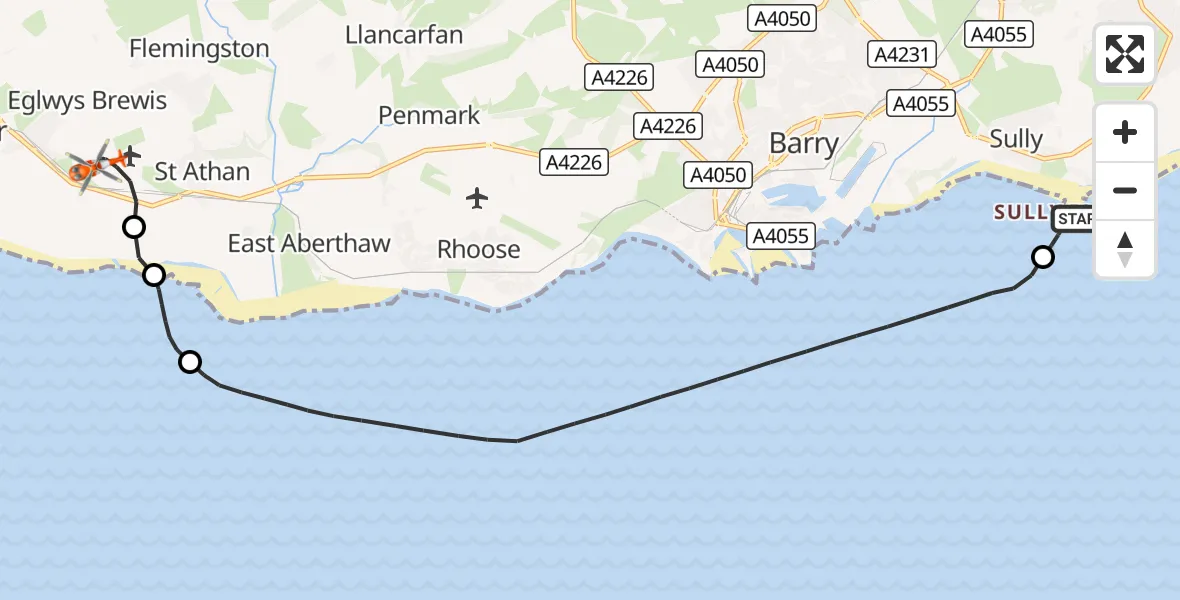 Flight route Coastguard Helicopter Sully - MOD St Athan, 10 September 2026, 19:45