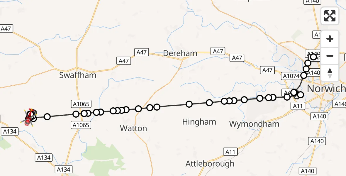 Flight route Air Ambulance Helicopter Norwich Airport - Oxborough, 10 September 2026, 20:03