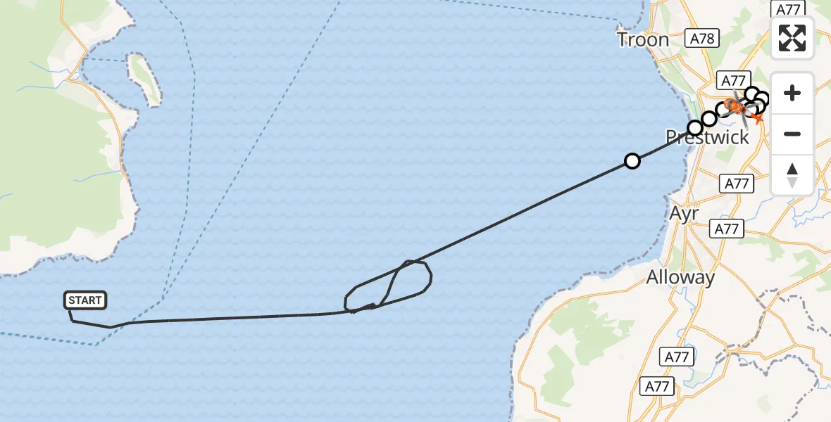 Flight route Coastguard Helicopter Inner Seas - Glasgow Prestwick Airport, 10 September 2026, 20:12