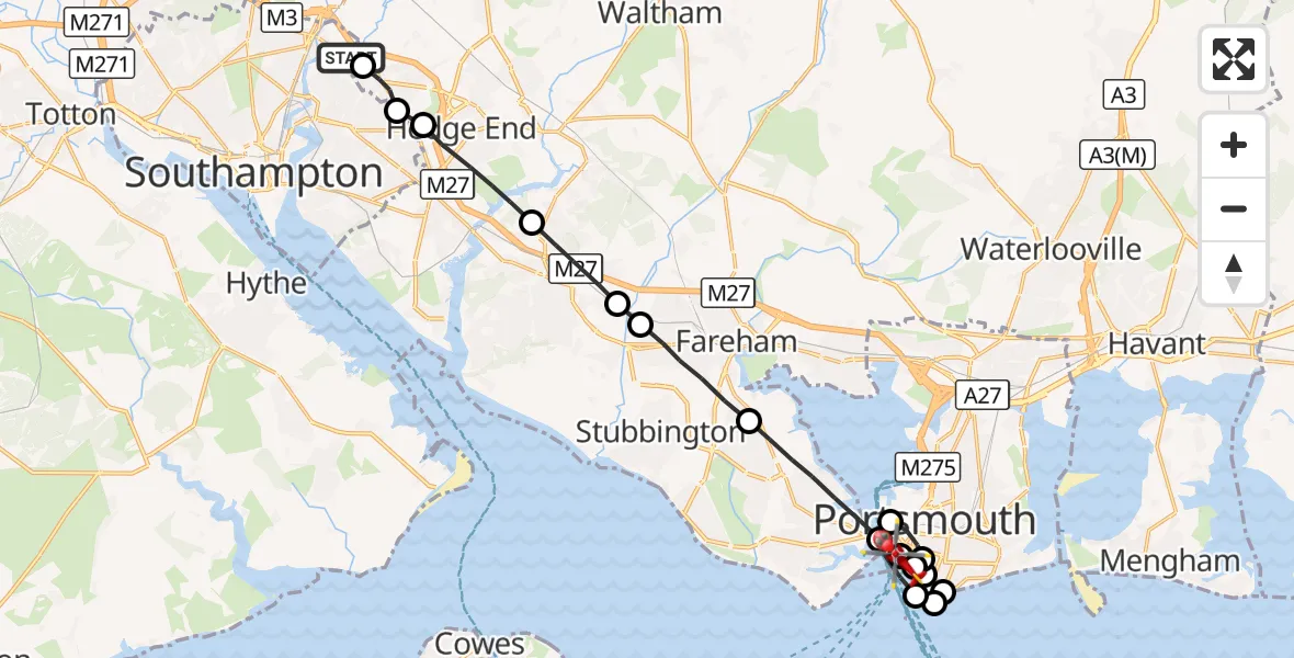 Flight route Air Ambulance Helicopter Townhill Park - Old Portsmouth, 10 September 2026, 20:32