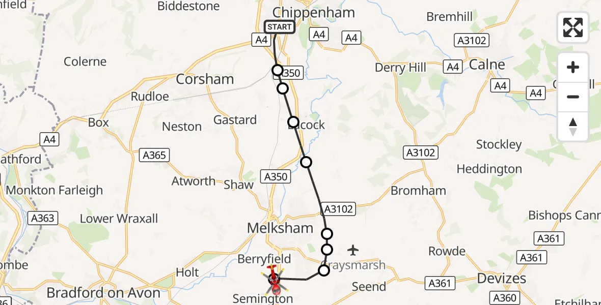 Flight route Air Ambulance Helicopter Chippenham - Wiltshire Air Ambulance, 10 September 2026, 20:45