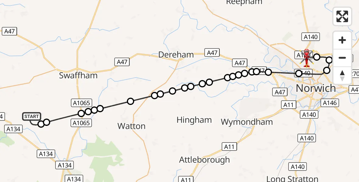 Flight route Air Ambulance Helicopter Oxborough - Norwich Airport, 10 September 2026, 20:47