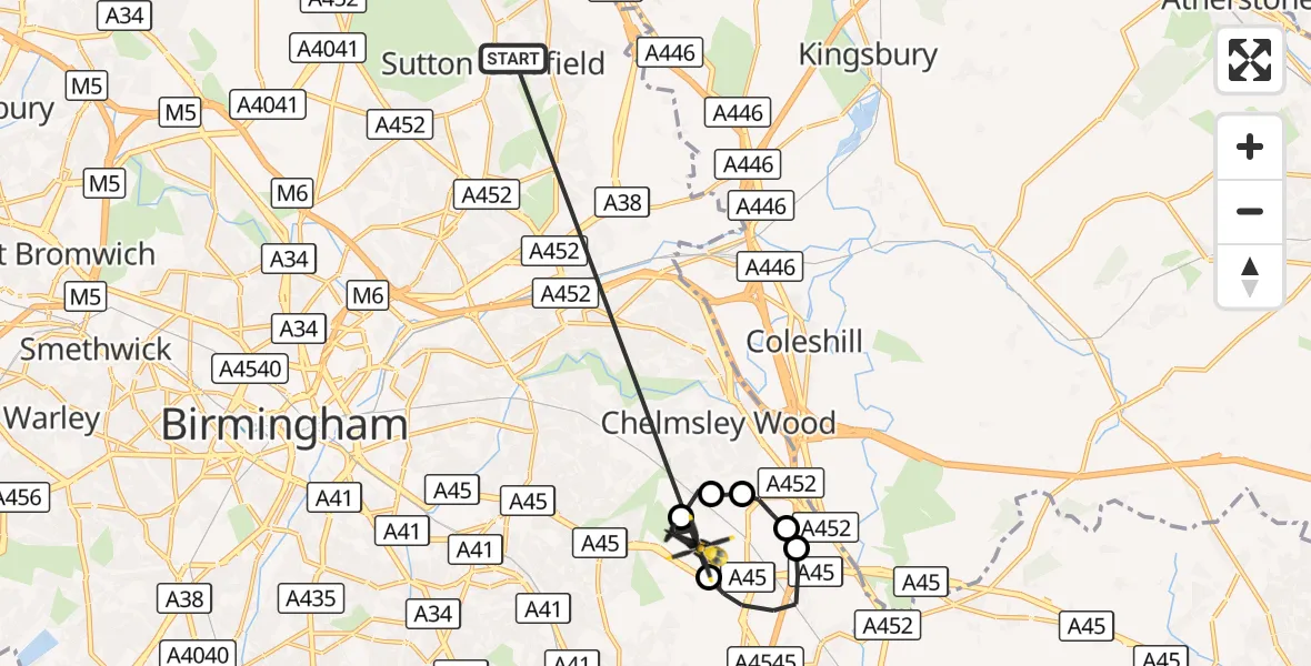 Flight route Police Helicopter Sutton Coldfield - Birmingham Airport, 10 September 2026, 21:04