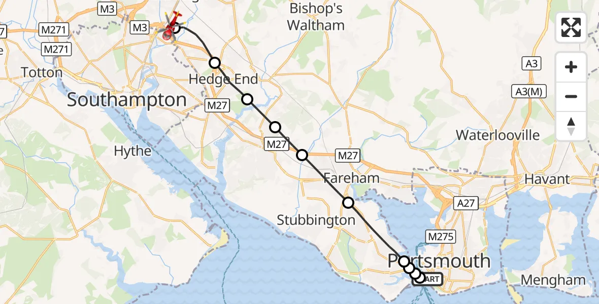 Flight route Air Ambulance Helicopter Old Portsmouth - Southampton Airport, 10 September 2026, 21:09