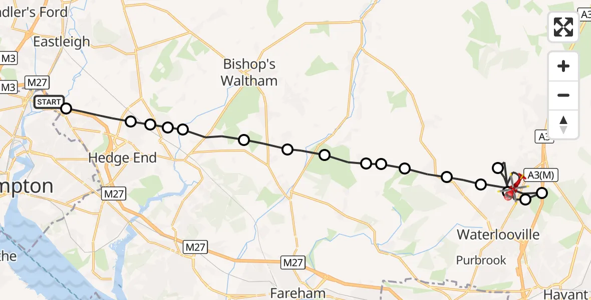 Flight route Air Ambulance Helicopter Southampton Airport - Havant, 10 September 2026, 21:38