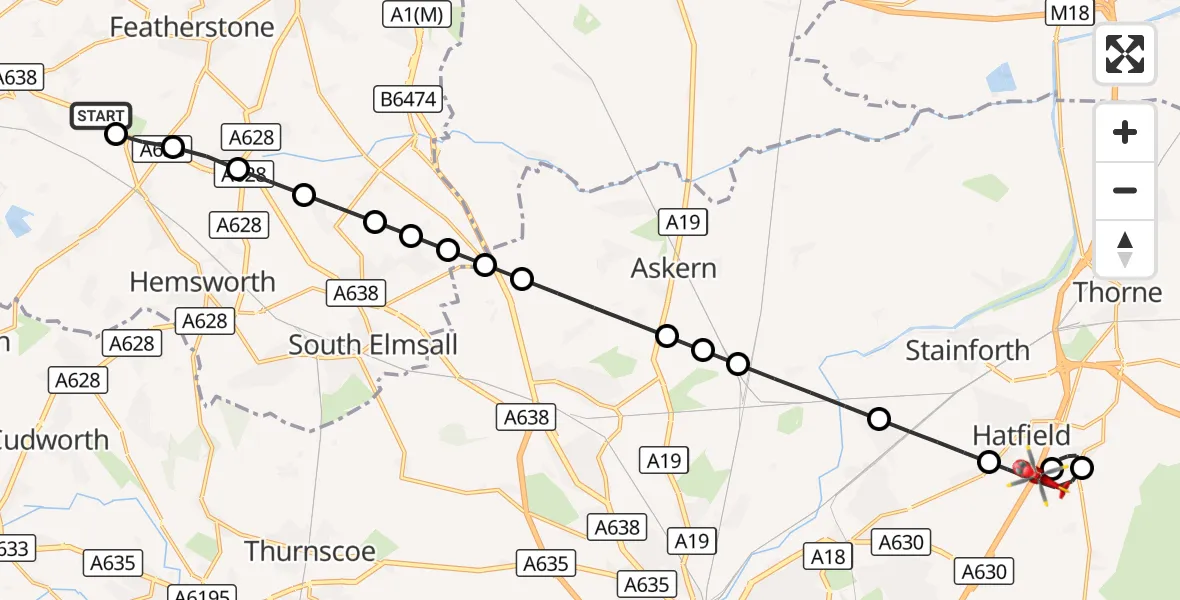 Flight route Air Ambulance Helicopter YAA Nostell Helicopter Port - Hatfield, 10 September 2026, 23:06