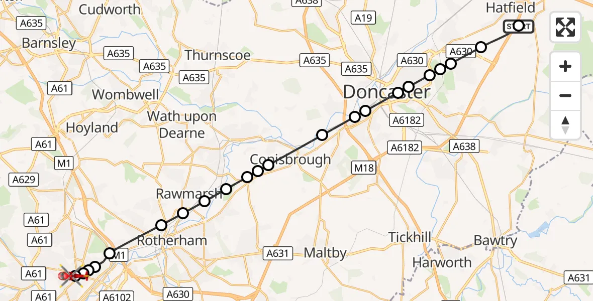 Flight route Air Ambulance Helicopter Hatfield - Sheffield Northern Hospital, 11 September 2026, 00:15