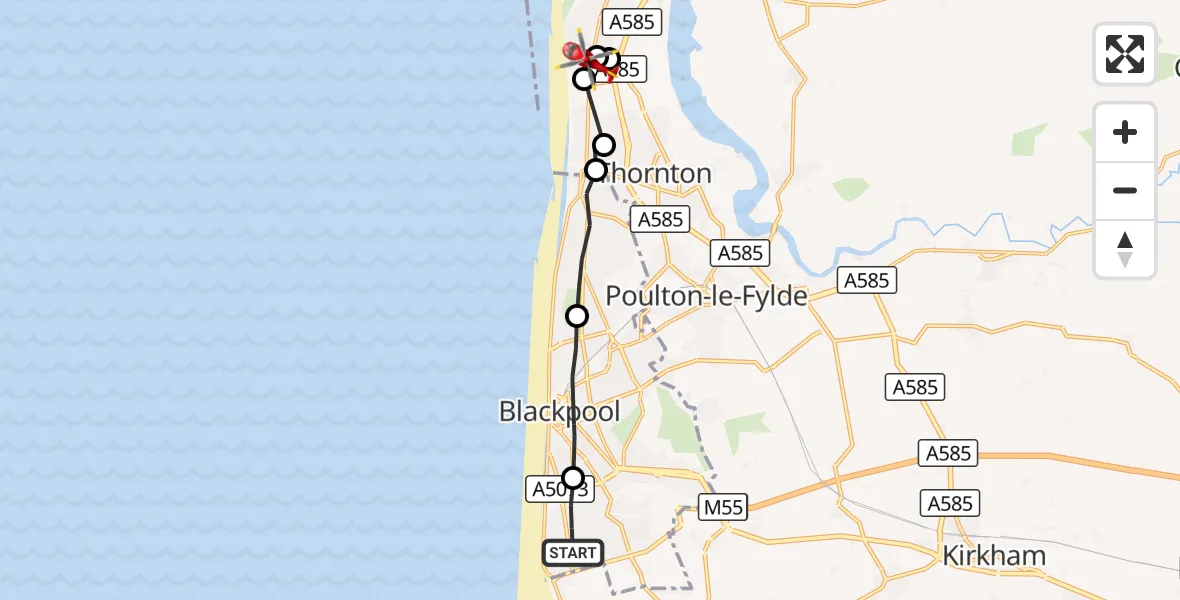 Flight route Air Ambulance Helicopter Squires Gate - Cleveleys, 11 September 2026, 09:01