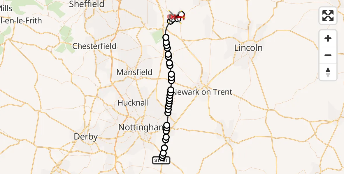 Flight route Air Ambulance Helicopter Widmerpool - Retford, 11 September 2026, 09:02
