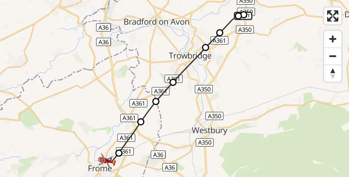Flight route Air Ambulance Helicopter Wiltshire Air Ambulance - Frome, 11 September 2026, 09:07