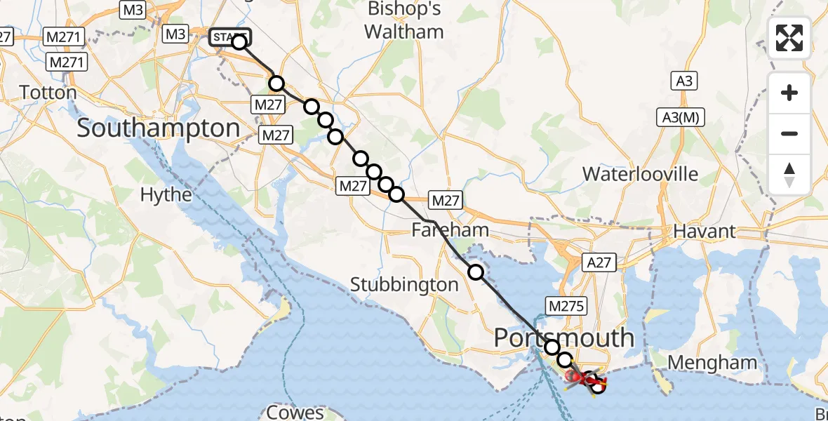 Flight route Air Ambulance Helicopter Southampton Airport - Portsmouth, 11 September 2026, 09:08