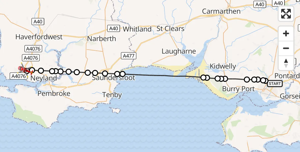 Flight route Air Ambulance Helicopter Dafen - Milford Haven, 11 September 2026, 09:32