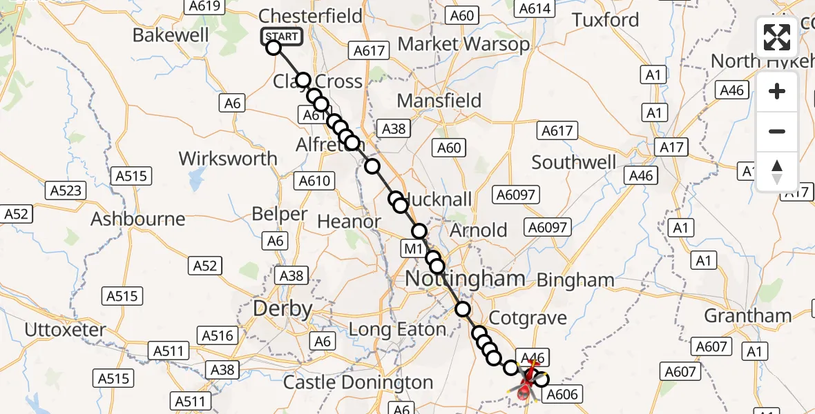 Flight route Air Ambulance Helicopter North East Derbyshire - Rushcliffe, 11 September 2026, 17:17