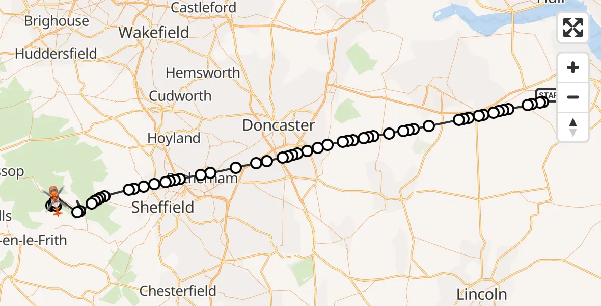 Flight route Coastguard Helicopter Humberside Airport - High Peak, 11 September 2026, 18:20