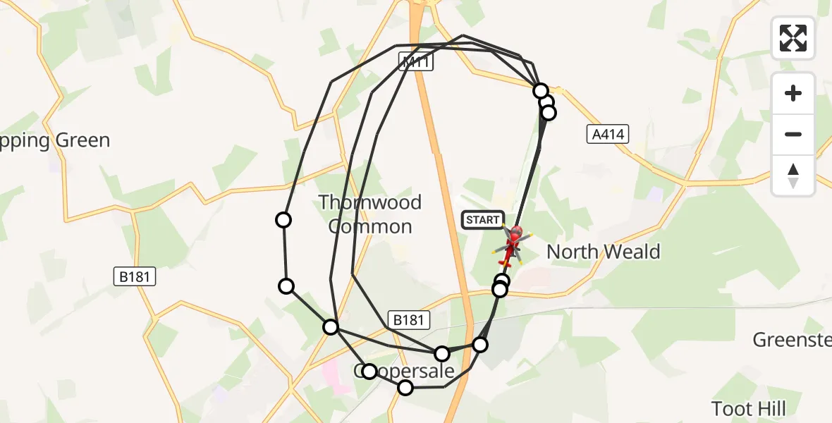 Flight route Air Ambulance Helicopter North Weald Airfield - North Weald Airfield, 11 September 2026, 18:52