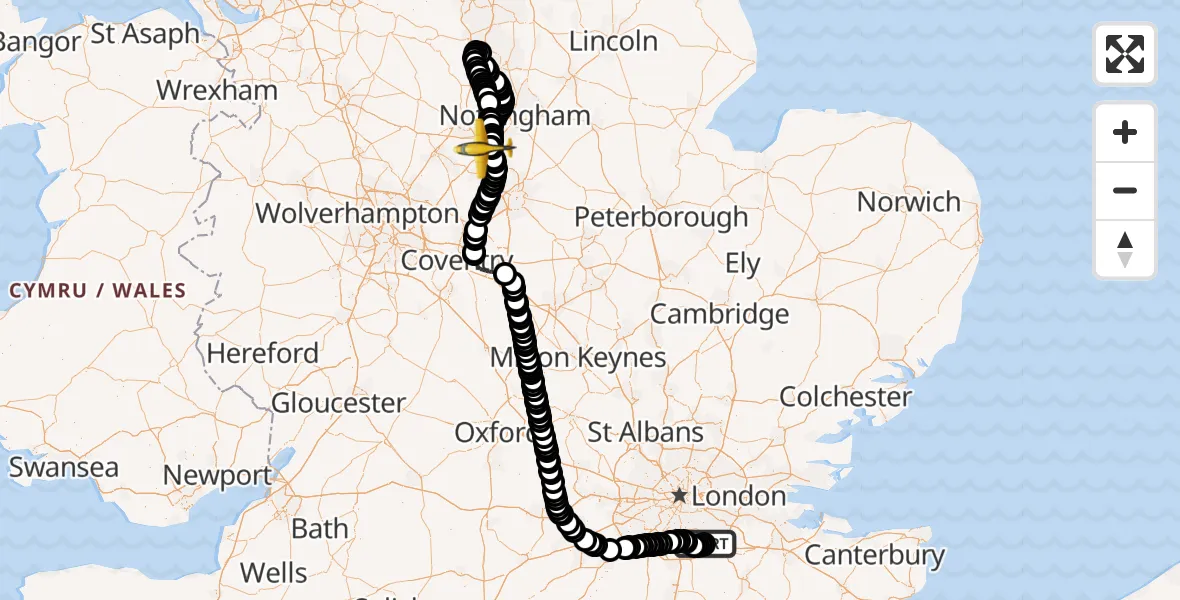 Flight route Police Aircraft London Biggin Hill Airport - East Midlands Airport, 11 September 2026, 20:00