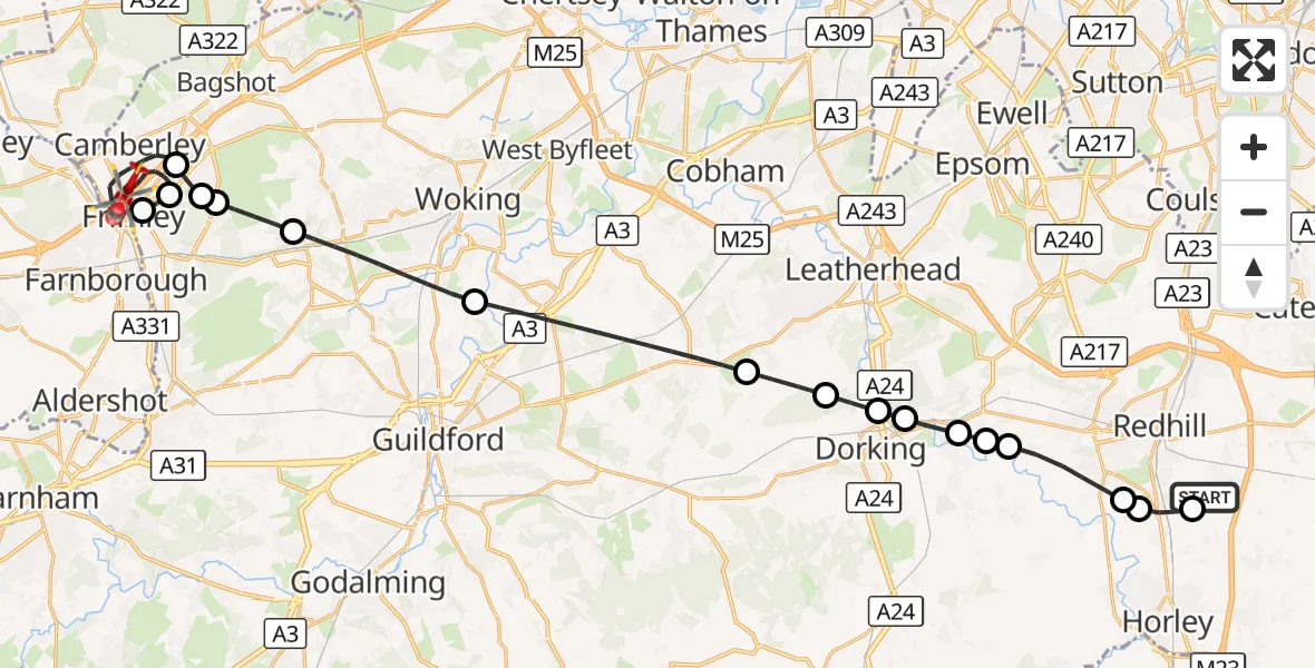 Flight route Air Ambulance Helicopter Redhill Aerodrome - Camberley, 11 September 2026, 21:07