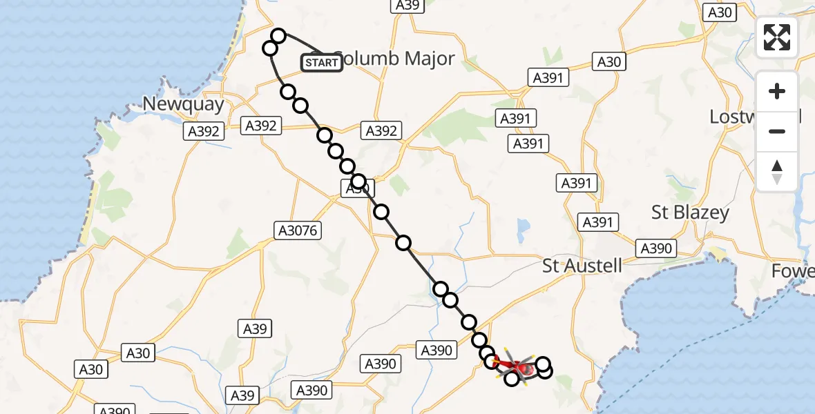Flight route Air Ambulance Helicopter Cornwall Airport Newquay - St. Ewe, 11 September 2026, 21:15