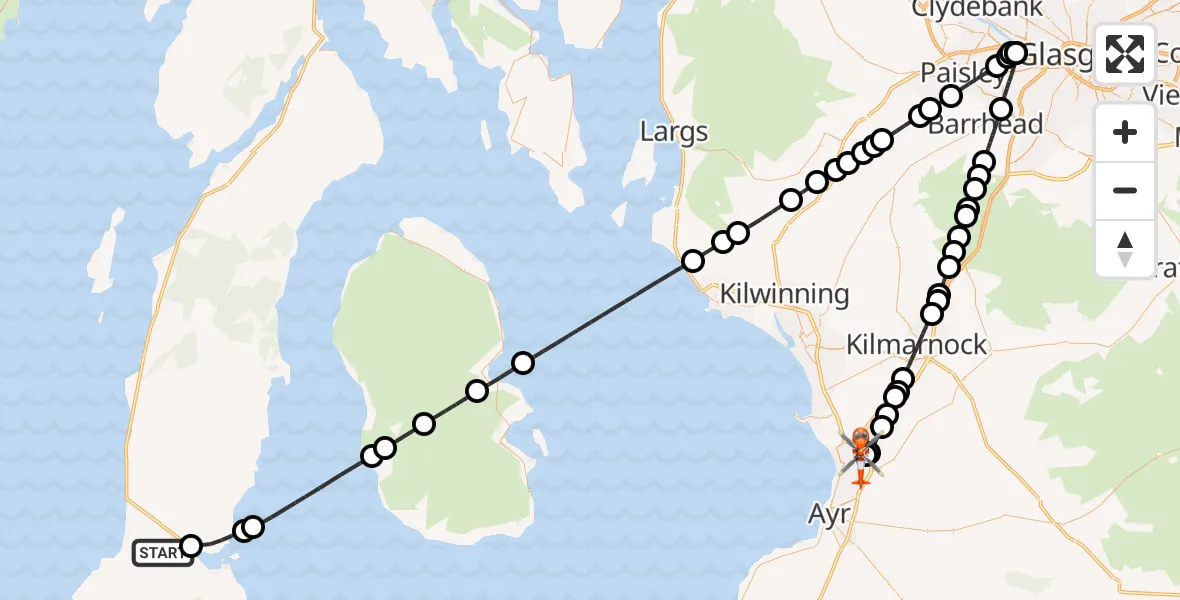 Flight route Coastguard Helicopter Stewarton - Glasgow Prestwick Airport, 12 September 2026, 00:21