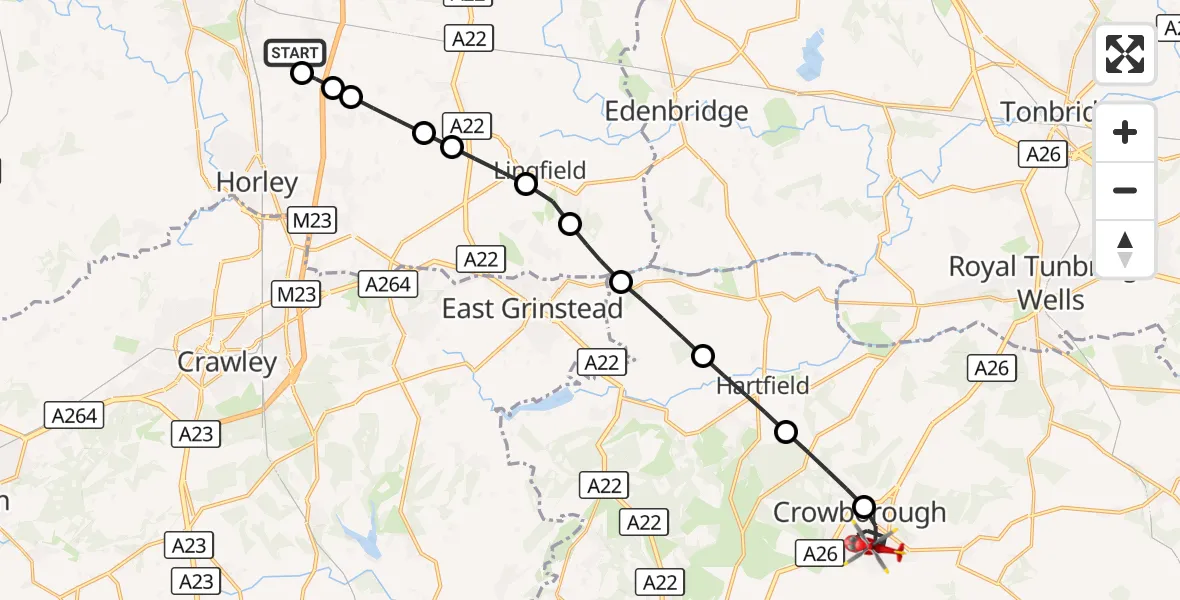 Flight route Air Ambulance Helicopter Redhill Aerodrome - Crowborough, 12 September 2026, 09:46