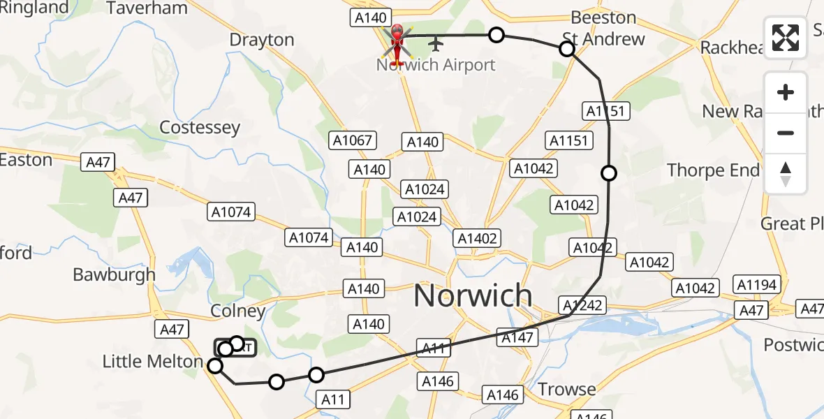 Flight route Air Ambulance Helicopter Norfolk & Norwich Hospital - Norwich Airport, 12 September 2026, 09:58
